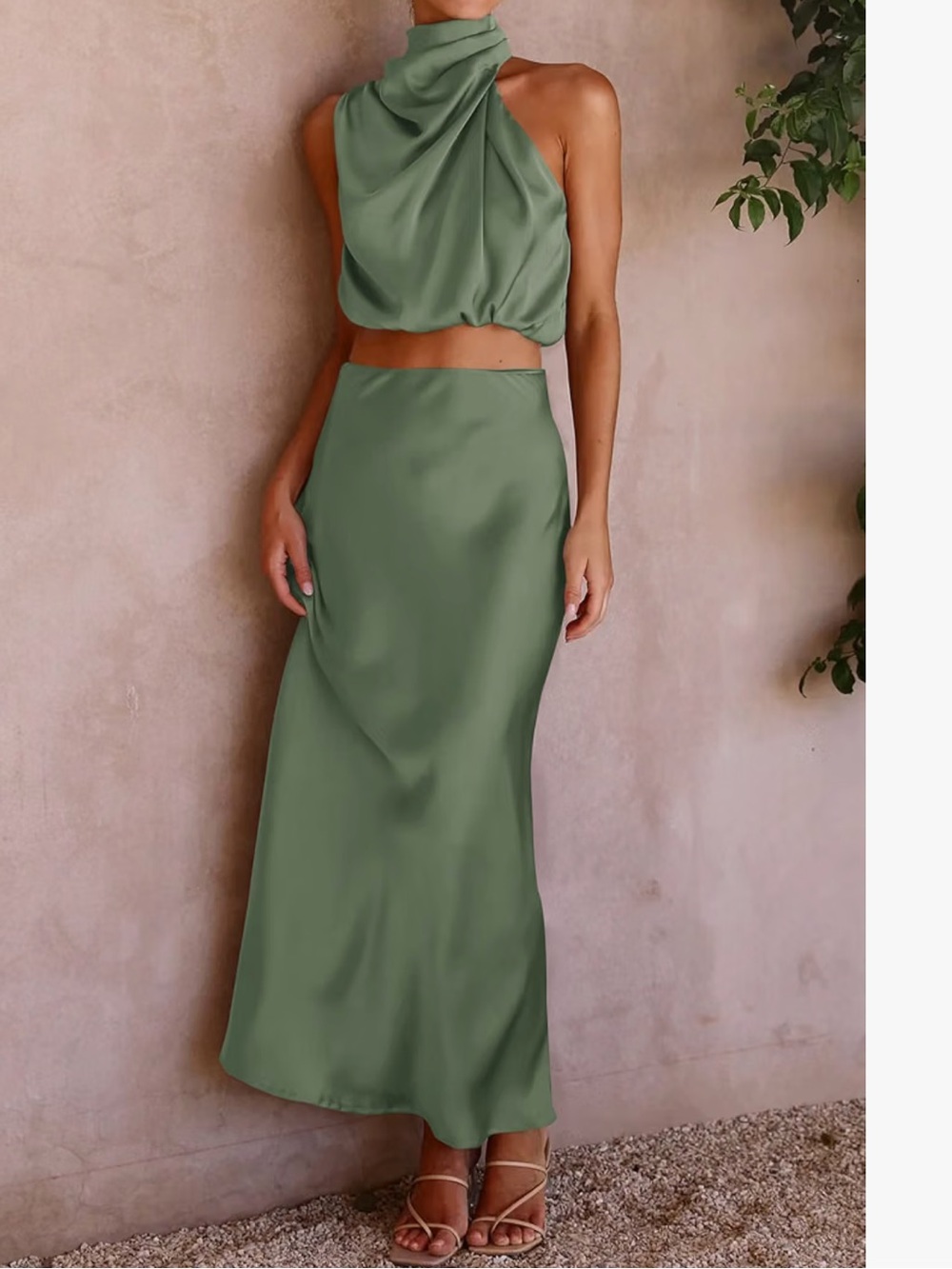 PRETTY GARDEN Sage Green Satin Maxi Skirt 2 Piece Set Women SZ SM Wedding